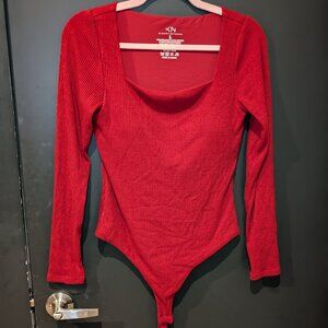 Klassy Network Ribbed Square Neck Long Sleeve Bodysuit - Red (Size L)